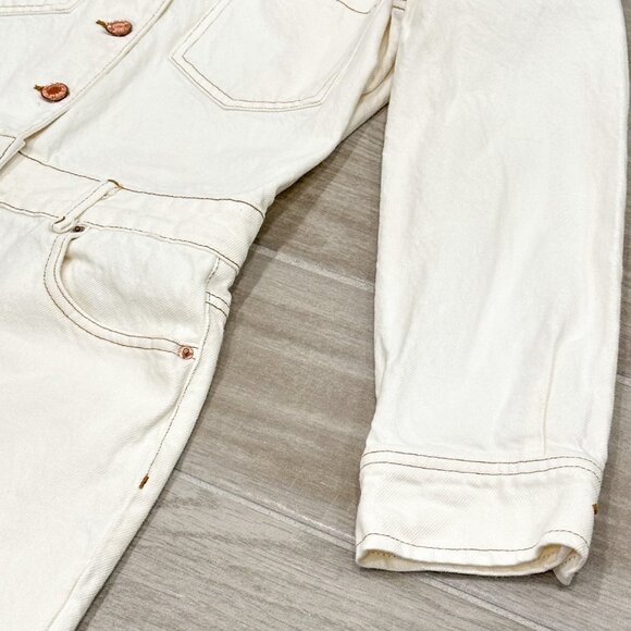 Zara Cotton Denim Jumpsuit Boilersuit with Contrast Topstitching in Ecru Size XS - Picture 7 of 16